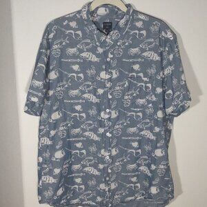 J Crew Fish Print Short Sleeve Button Down Shirt Men's XL Blue & White